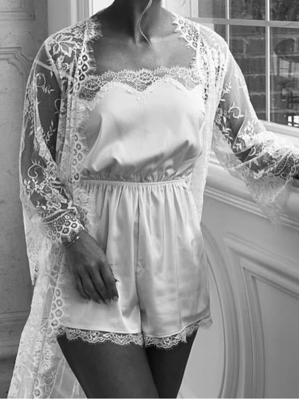 Abercrombie & Fitch White Satin Lace Romper with Sheer Lace Robe